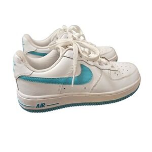 Nike Air Force 1‎ AF1 Low White Turquoise Teal Swoosh Leather Sneakers 6.5Y